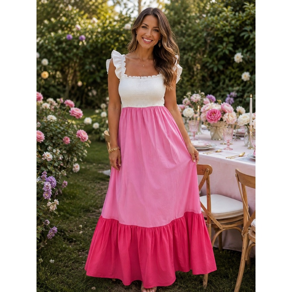Petal + Pup Pink White Colorblock Smocked Tier Ruffle Maxi Dress XL 100% Cotton